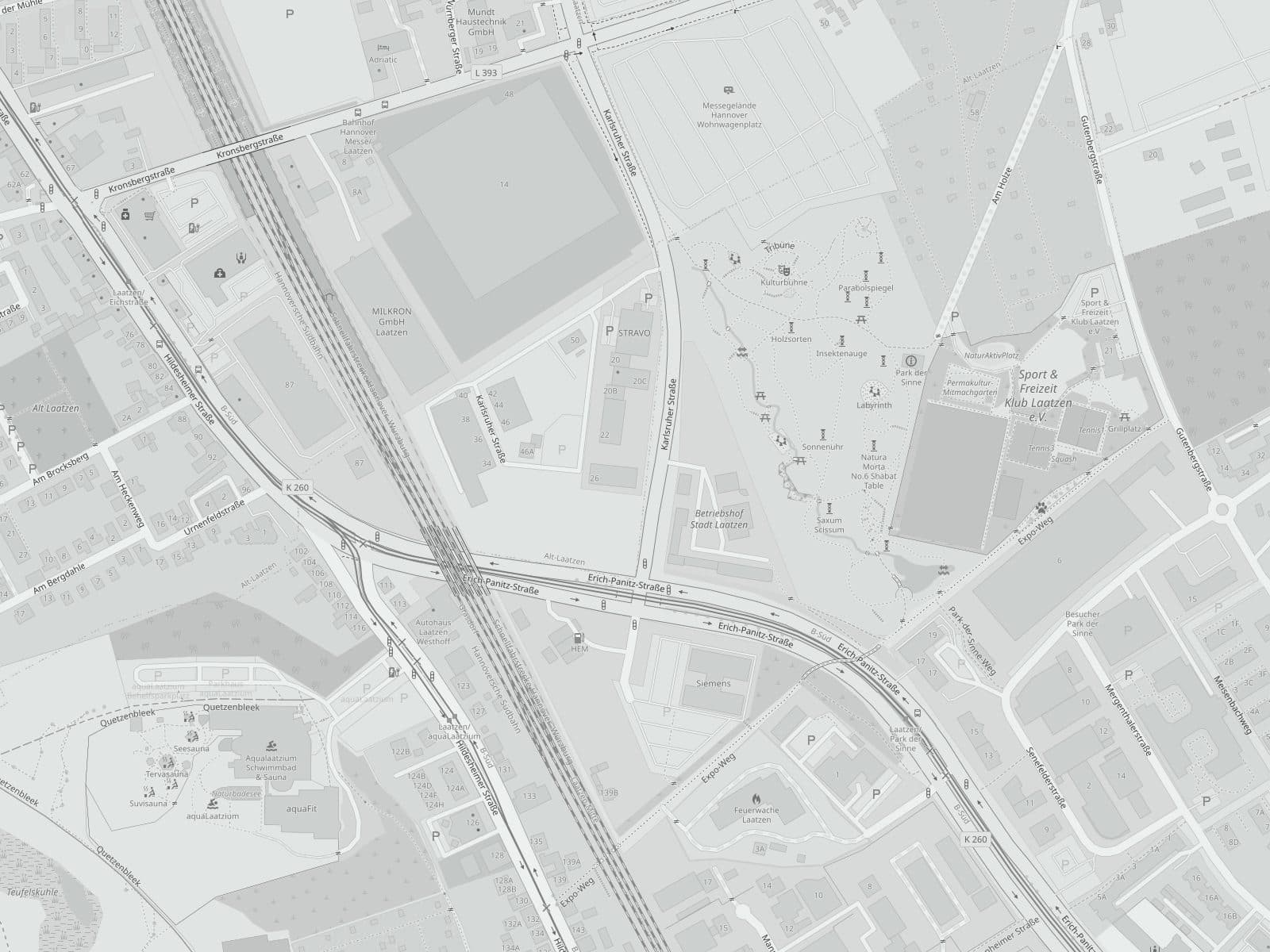 Stadtplan von Alt-Laatzen mit der Karlsruher Straße in der Mitte, zwischen Bahnstrecke und Erich-Panitz-Straße